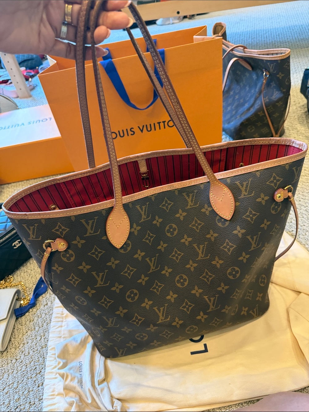 Louis Vuitton Monogram Neverfull Tote in Brown with Red Interior